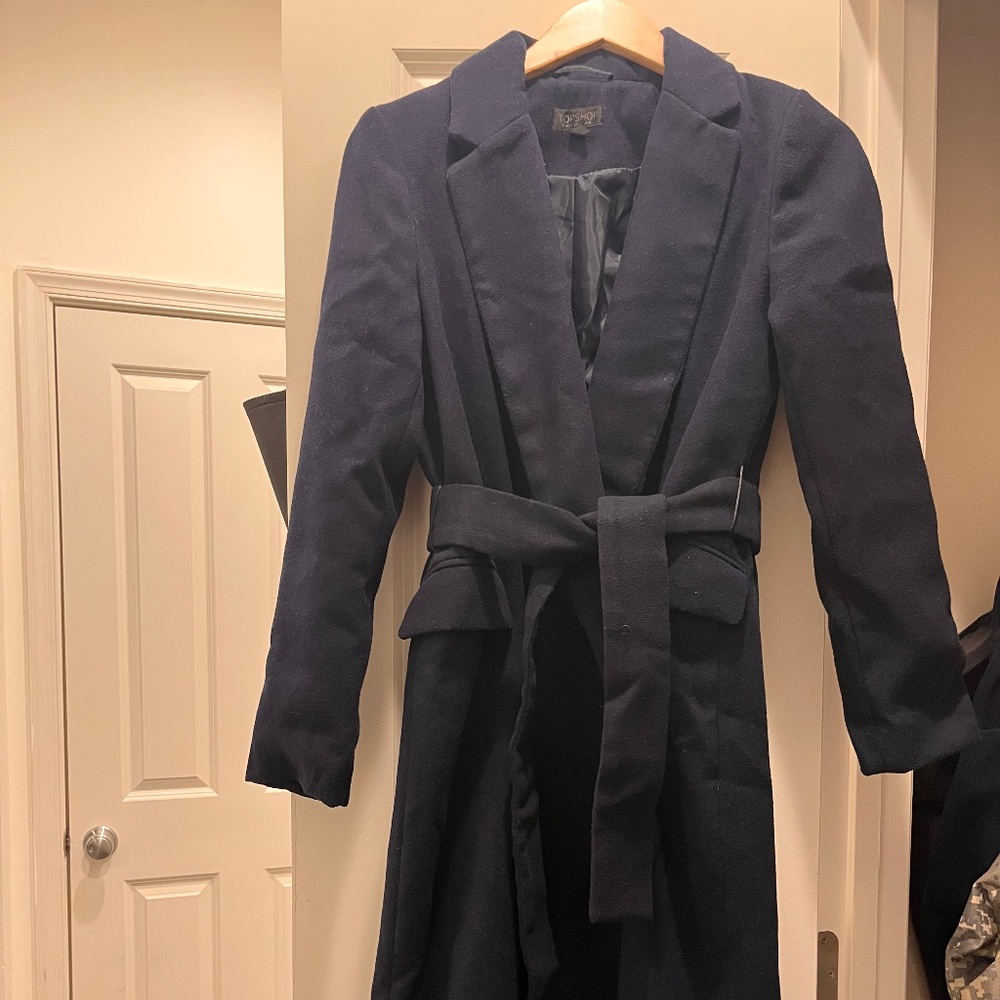 Topshop Navy Belted Coat